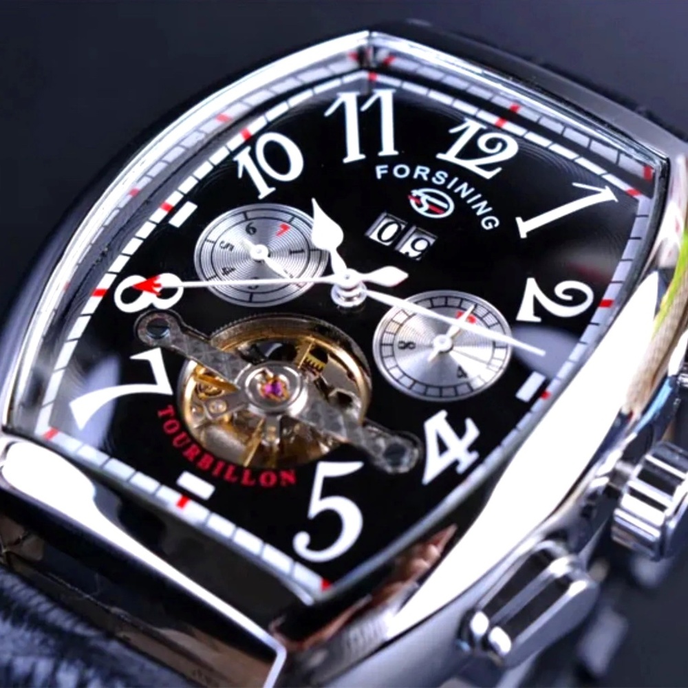 Forsining Automatic Watch Men Sport Tonneau Shaped Leather Waterproof  Date Gift